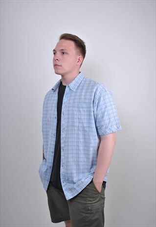 90S BLUE PALID SHIRT, VINTAGE OVERSIZE SPORT BUTTON DOWN