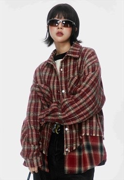 Woolen check shirt long sleeve check blouse plaid top in red