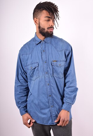 WRANGLER MENS VINTAGE SHIRT MEDIUM BLUE 90'S