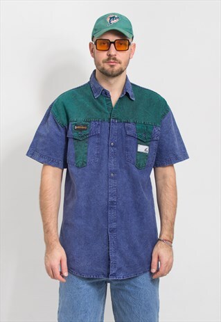 Vintage denim shirt in green blue short sleeve men size L/XL