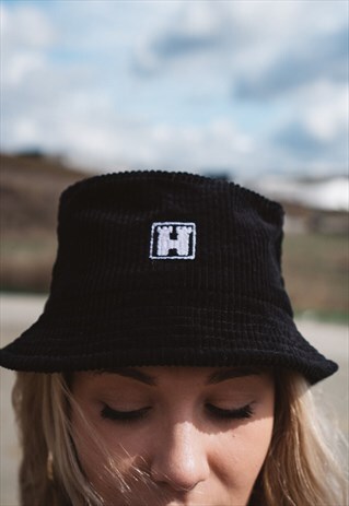 HANDMADE CORDUROY BUCKET HAT IN BLACK WITH LOGO EMBROIDERY