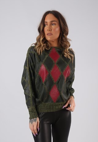 90'S LEATHER TOP JUMPER PATCHWORK KNITTED UK 10 (HKHU)