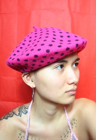 PINK WOOL BLACK POLKA DOT BERET