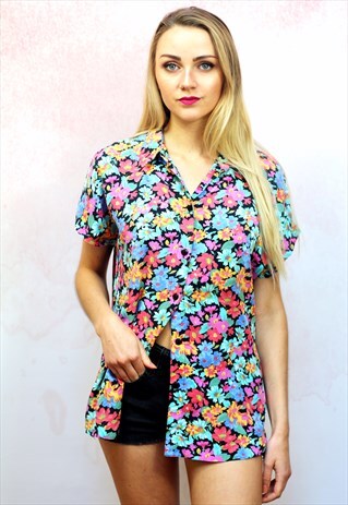 1990S VINTAGE VISCOSE MULTICOLOURED FLORAL PRINT SHIRT