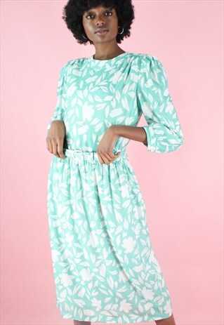 VINTAGE 90S DRESS FLORAL MIDI TURQUOISE MINT