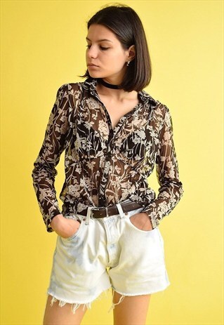 90'S FLORAL PATTERN PRINT OVERSIZED SHEER MESH SHIRT TOP