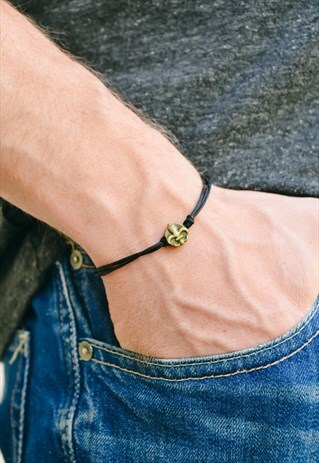 MEN'S BRACELET BRONZE FLEUR DE LIS BEAD, BLACK CORD FOR MEN