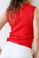 RED KNIT TOP SEE THROUGH OPEN KNITTED SLEEVELESS VEST 