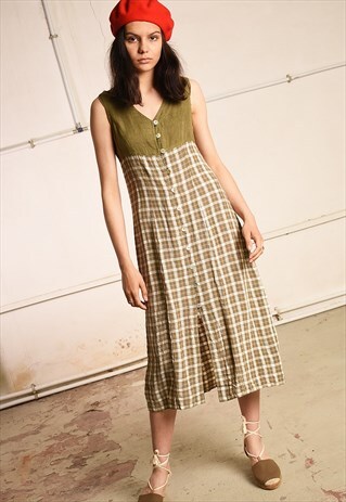 90'S RETRO LINEN TARTAN CHECKED MINIMALIST PARIS CHIC DRESS
