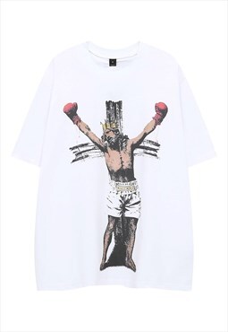 Boxing print t-shirt Jesus tee retro boxer top in white