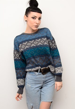 VINTAGE 90'S GRUNGE INDIE ABSTRACT PATTERNED SLOUCHY JUMPER