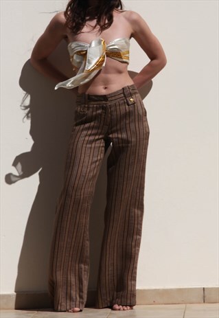 BROWN/BEIGE STRIPED WIDE LEG LINEN PANTS