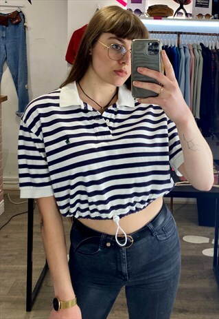 VINTAGE REWORKED RALPH LAUREN CROP TOP POLO SHIRT IN STRIPED