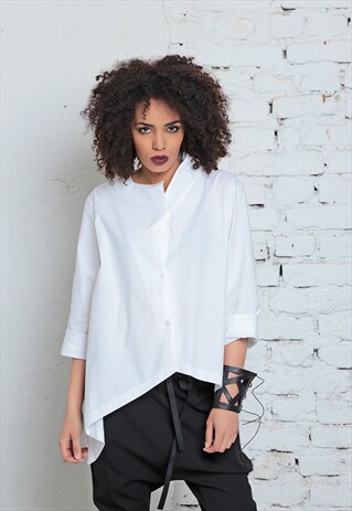 WOMENS TUNIC, WHITE TOP, ASYMMETRIC BLOUSE