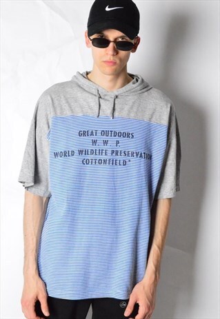 VINTAGE 90S GREY BLUE STRIPED SUMMER T-SHIRT WITH HOOD