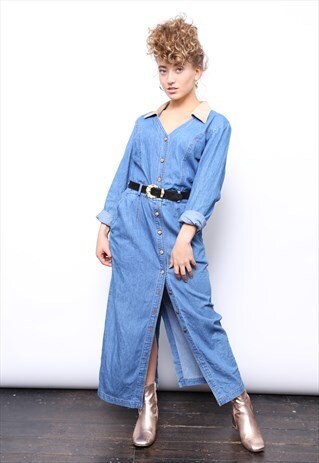 VINTAGE 90S BLUE DENIM CORD MIDI DRESS