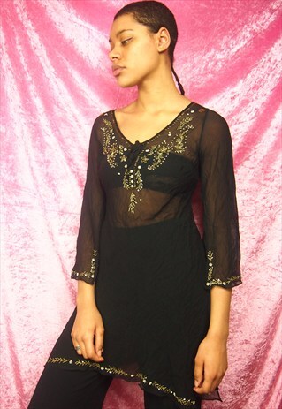 BLACK SHEER GOLD EMBROIDERY TOP