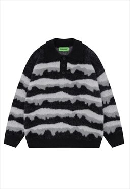  Striped polo sweater knitted fluffy jumper preppy top black
