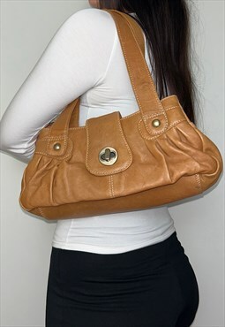 Vintage Tan Beige Real Leather Y2K Shoulder Bag