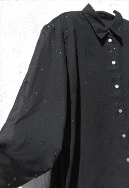 Vintage black 3d printed drops chiffon button down shirt.