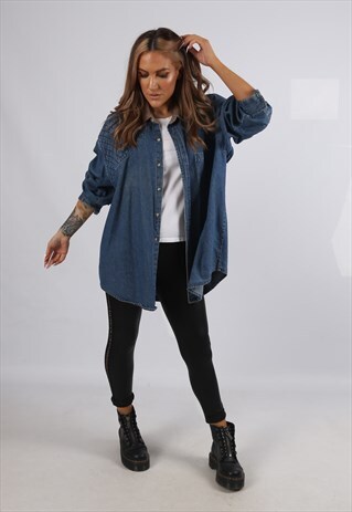 VINTAGE DENIM SHIRT OVERSIZED LONG UK 18 XXL (FBDN)