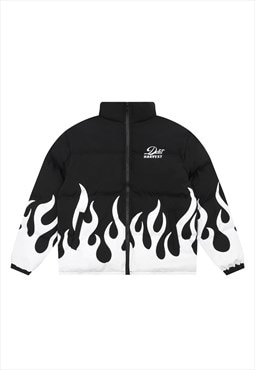 Flame print bomber fire graphic puffer jacket in black white
