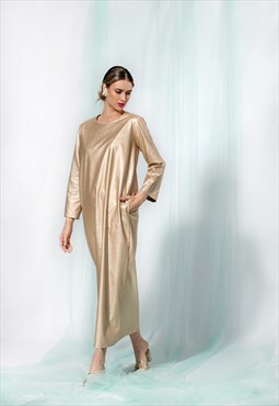 Gold Faux Leather Dress, Minimalist Elegant Dress