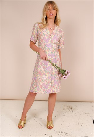 VINTAGE 80S FLORAL PRINT MIDI SHIRT DRESS