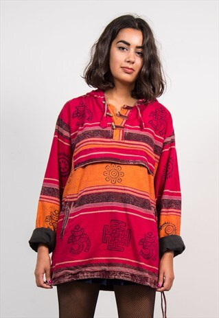 VINTAGE 90'S BRIGHT RED PATTERNED HIPPIE STYLE HOODIE BAJA