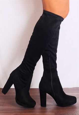 BLACK STRETCH SOCK KNEE HEELED HIGH BOOTS