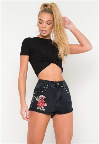 TEXAS HIGH RISE DENIM SHORTS WITH ROSE APPLIQUE AND STUDS