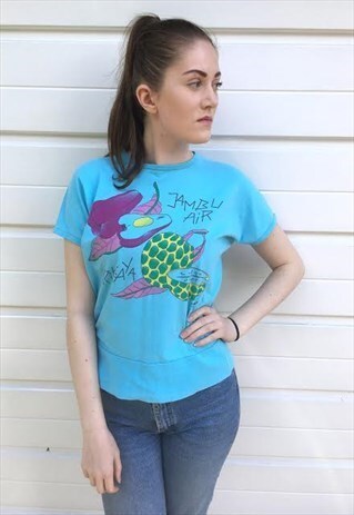 WOMENS VINTAGE TSHIRT SHORT SLEEVED BLUE PATTERN TEE 80S TOP