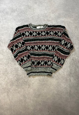 VINTAGE ABSTRACT KNITTED JUMPER PATTERNED GRANDAD SWEATER