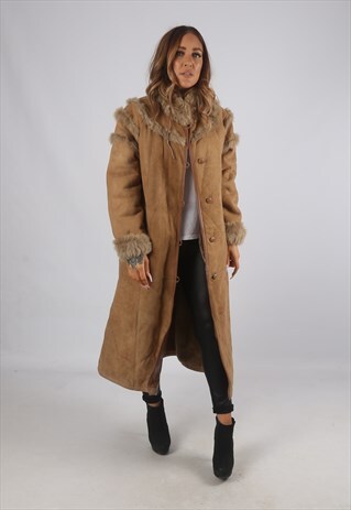 VINTAGE SHEEPSKIN SUEDE SHEARLING COAT LONG UK 12 - 14 (9BX)