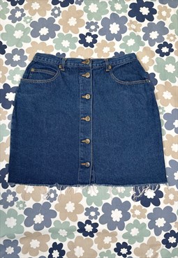 70's Vintage Ladies Blue Denim Mini Skirt Frayed Hem