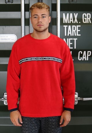 RED TOMMY HIFLIGER TAPE LOGO FLEECE SWEATSHIRT