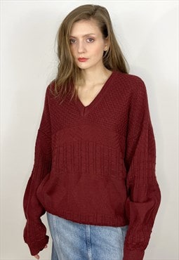 Australian Knit Red Wool Sweater with v-neck collar