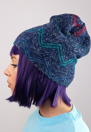 VINTAGE 90'S SOFT KNIT UNISEX BEANIE HAT ZIG ZAG PATTERN