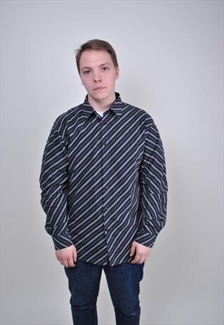 90S BLACK STRIPED EVENING SHIRT, SIZE XL