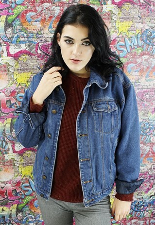 VINTAGE 80S DARK BLUE SHERPA LINED DENIM JACKET. UNISEX.