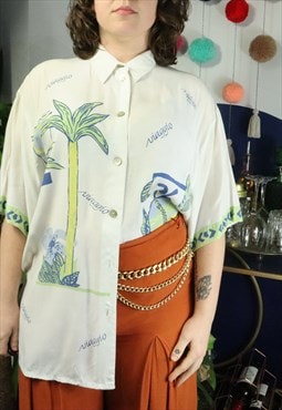 Vintage 80s Cream Abstract Surreal Palm Tree Shirt Blouse