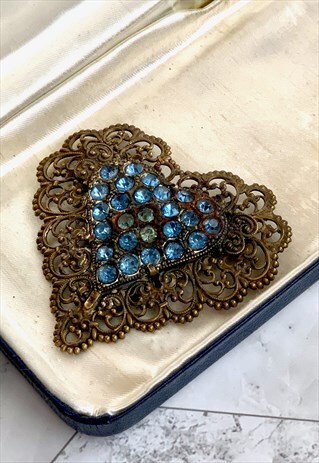 30S BLUE HEART BROOCH GOTHIC STATEMENT VINTAGE JEWELLERY