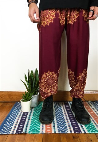 FAIRTRADE BURGUNDY SUNFLOWER MANDALA HIPPIE HAREMS / TROUSER