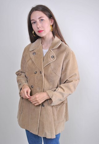 80S BEIGE CORDUROY TRENCH JACKET, SIZE L