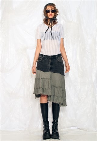 Vintage 90s Reconstructed Midi Skirt in Khaki