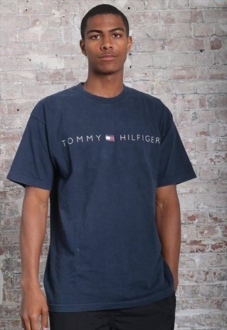 VINTAGE TOMMY HILFIGER BIG LOGO SPELLOUT T-SHIRT NAVY BLUE