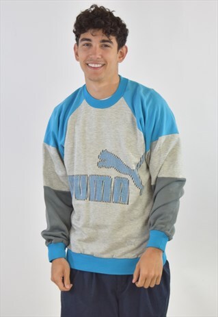 VINTAGE 90S GREY BLUE PUMA CREW NECK SWEATSHIRT