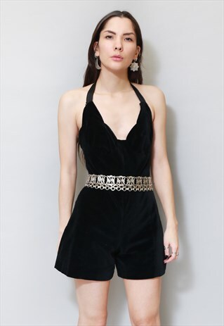 VINTAGE 1970'S JET BLACK SEQUIN & VELVET PLAYSUIT