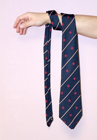 VINTAGE 90S RETRO NAVY BLUE STRIPED PATTERNED WORK TIE