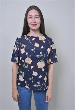 Vintage blue transparent blouse with flowers pattern 